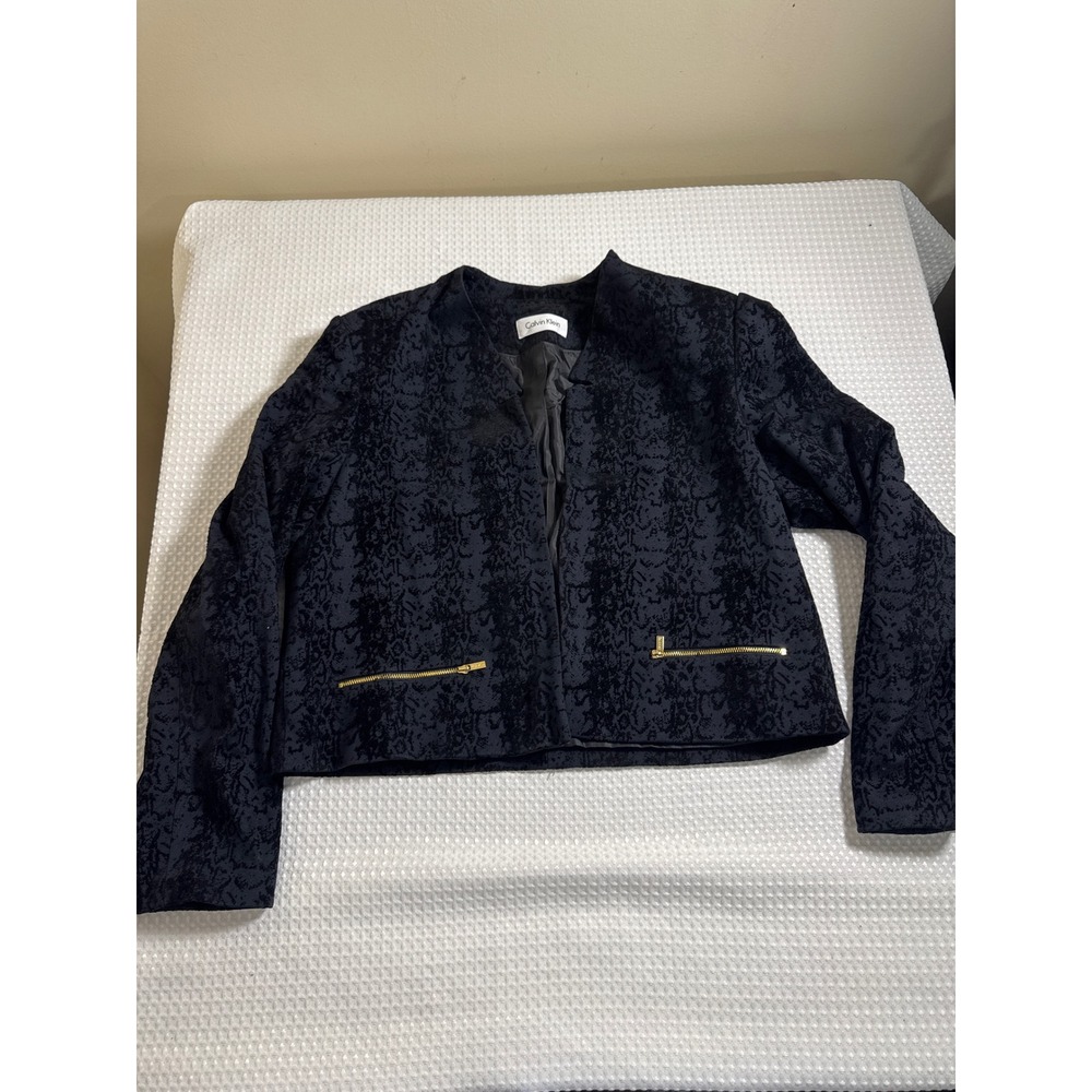 Calvin Klein Blazer Women 14 flocked velvet Snakeskin Jacquard Gold Zipper EUC